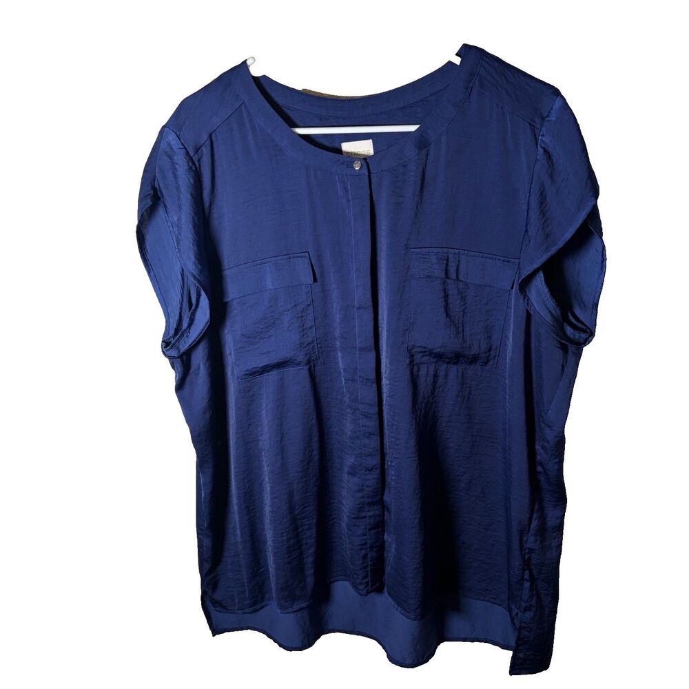 Chico's Blouse Women's 3 XL Blue Button Up Satin Short Sleeve Pocket Top